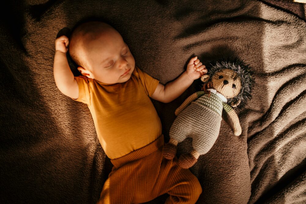 赤ちゃんがぬいぐるみと一緒に寝ている