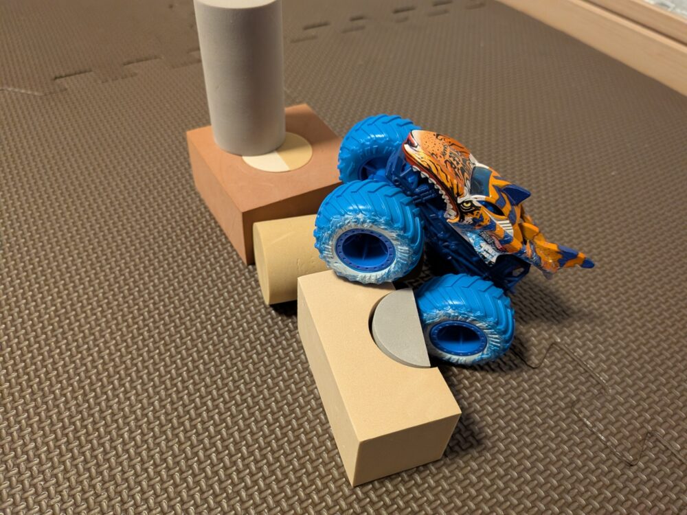 タイガーシャークが積み木を乗り越えている写真