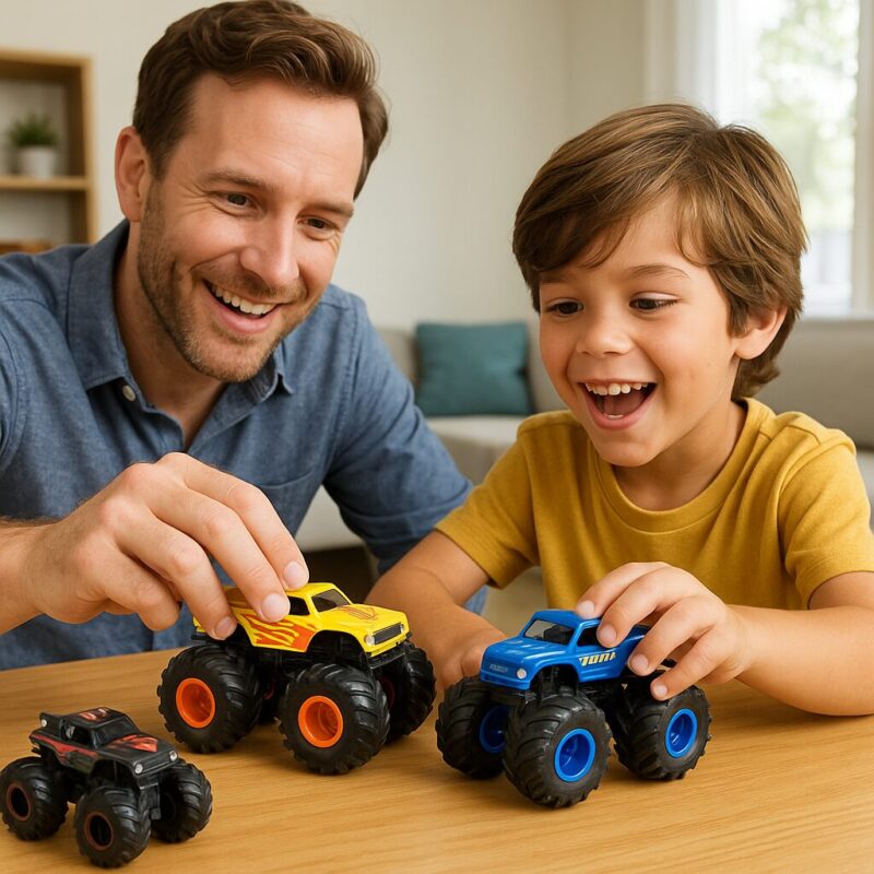 親子でモンスタートラックで遊んでいる写真