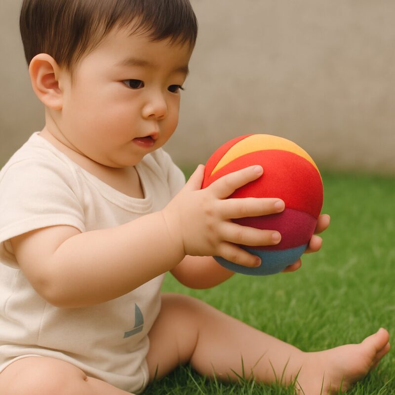 赤ちゃんがコットンボールで遊んでる画像